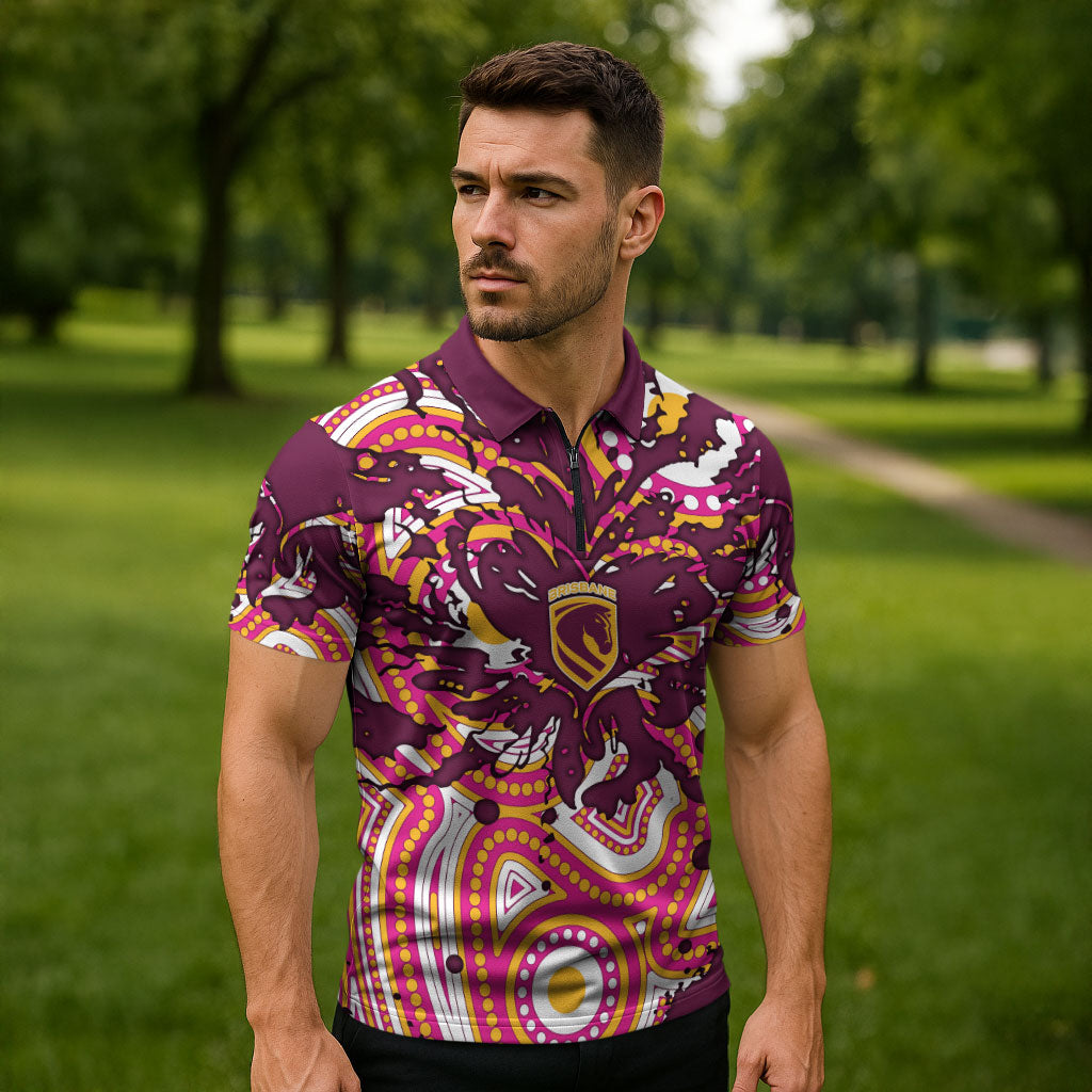Personalised Brisbane Broncos Rugby Zipper Polo Shirt Aboriginal Art Style Pink And Gold Patterned Graphics