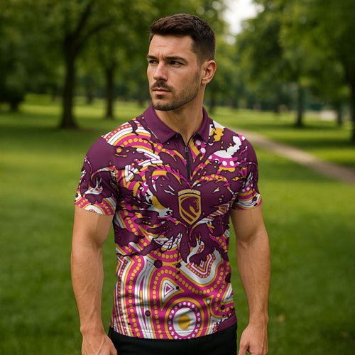 Personalised Brisbane Broncos Rugby Zipper Polo Shirt Aboriginal Art Style Pink And Gold Patterned Graphics