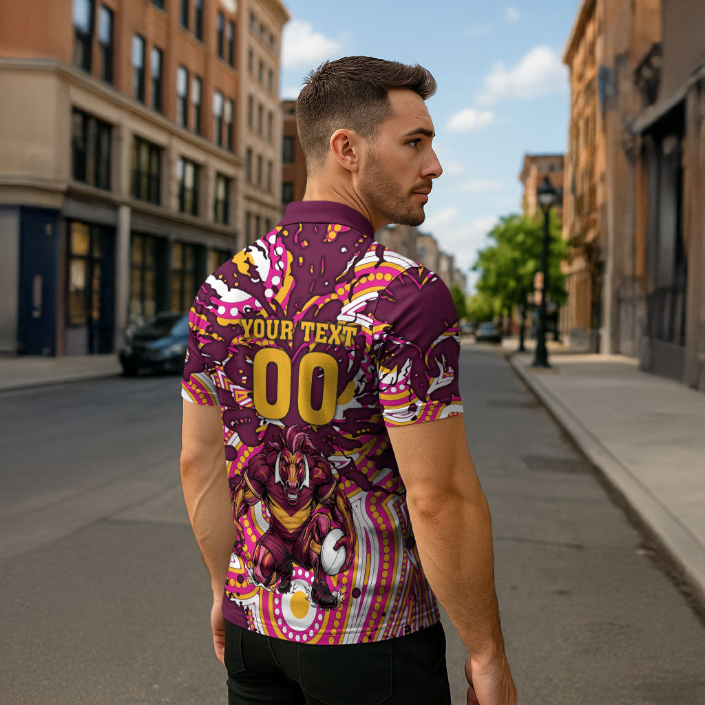 Personalised Brisbane Broncos Rugby Zipper Polo Shirt Aboriginal Art Style Pink And Gold Patterned Graphics