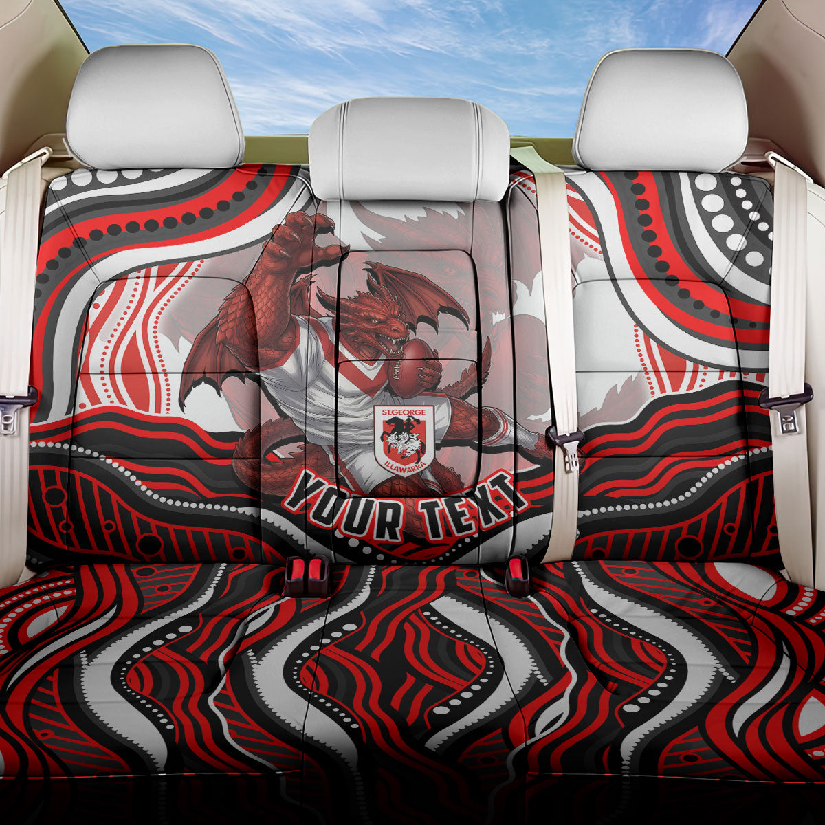 Personalized St George Illawarra Dragons Back Car Seat Cover Aboriginal Dot Art - Dreamtime Rugby Mascot