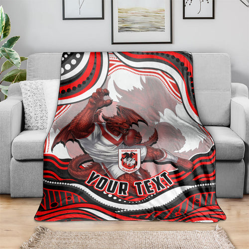 Personalized St George Illawarra Dragons Blanket Aboriginal Dot Art - Dreamtime Rugby Mascot