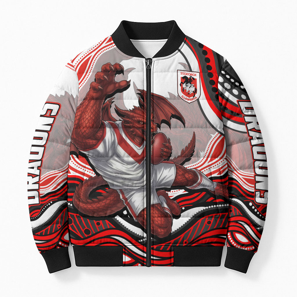 Personalized St George Illawarra Dragons Bomber Puffer Jacket Aboriginal Dot Art - Dreamtime Rugby Mascot