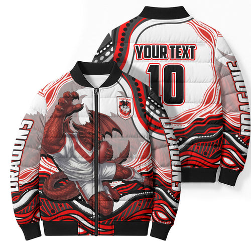 Personalized St George Illawarra Dragons Bomber Puffer Jacket Aboriginal Dot Art - Dreamtime Rugby Mascot