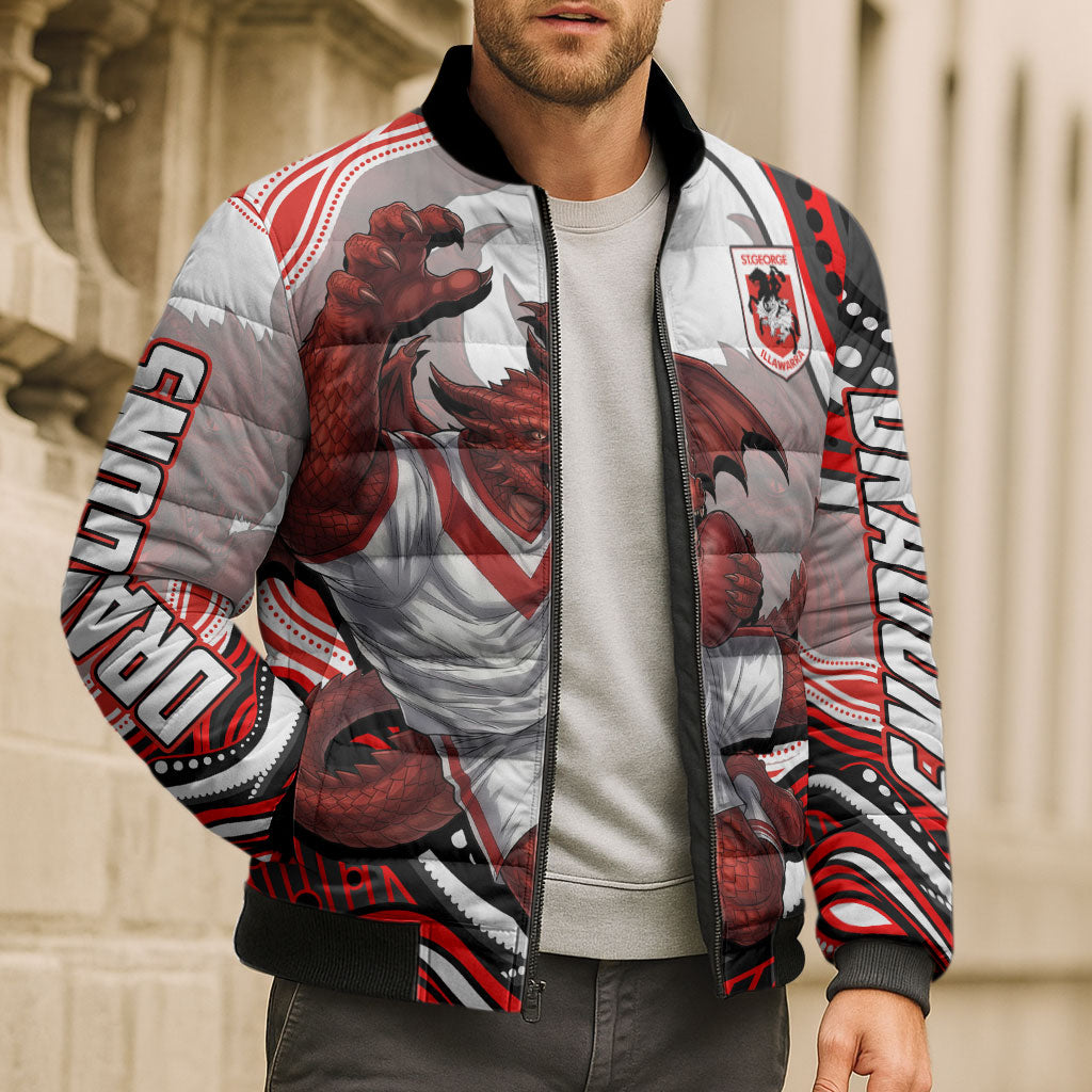 Personalized St George Illawarra Dragons Bomber Puffer Jacket Aboriginal Dot Art - Dreamtime Rugby Mascot