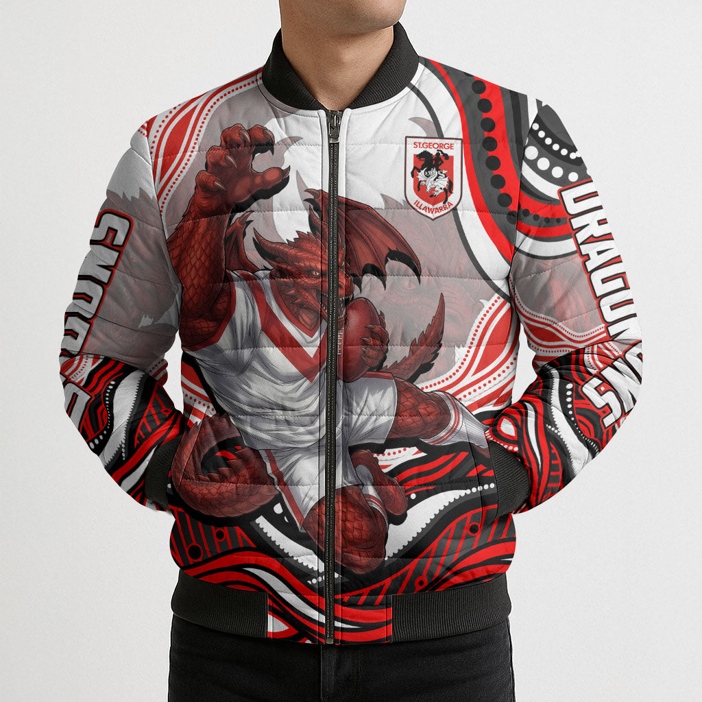Personalized St George Illawarra Dragons Bomber Puffer Jacket Aboriginal Dot Art - Dreamtime Rugby Mascot