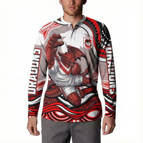 Personalized St George Illawarra Dragons Button Sweatshirt Aboriginal Dot Art - Dreamtime Rugby Mascot