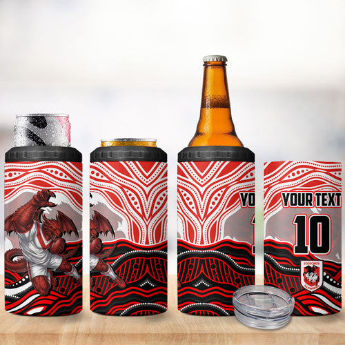 Personalized St George Illawarra Dragons 4 in 1 Can Cooler Tumbler Aboriginal Dot Art - Dreamtime Rugby Mascot