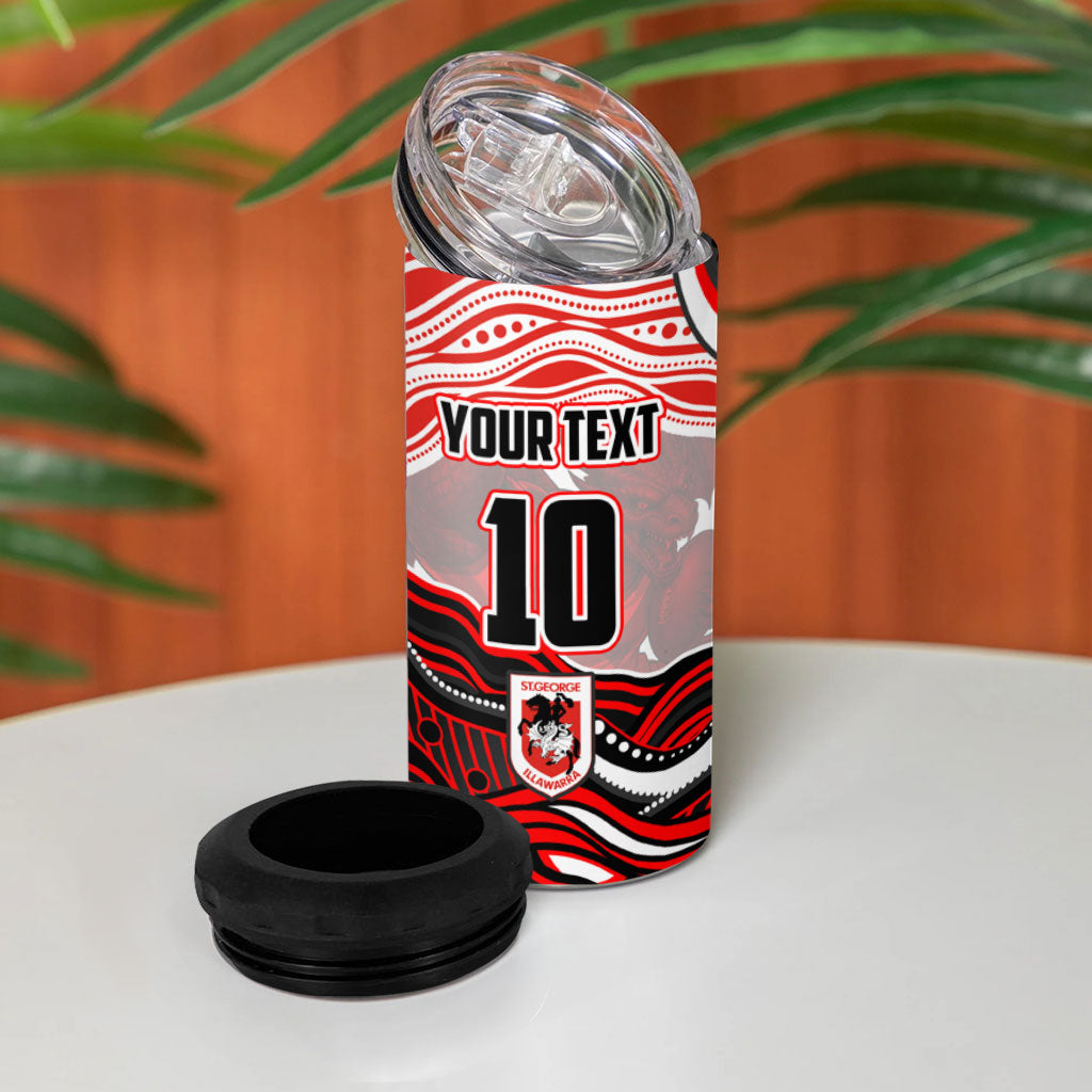 Personalized St George Illawarra Dragons 4 in 1 Can Cooler Tumbler Aboriginal Dot Art - Dreamtime Rugby Mascot