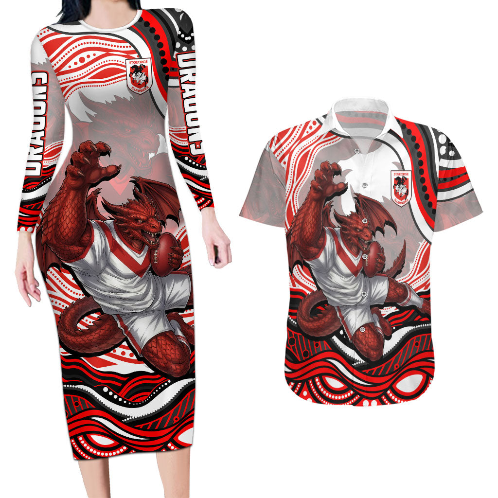 Personalized St George Illawarra Dragons Couples Matching Long Sleeve Bodycon Dress and Hawaiian Shirt Aboriginal Dot Art - Dreamtime Rugby Mascot