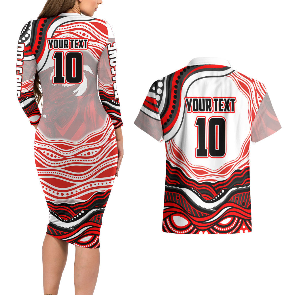 Personalized St George Illawarra Dragons Couples Matching Long Sleeve Bodycon Dress and Hawaiian Shirt Aboriginal Dot Art - Dreamtime Rugby Mascot