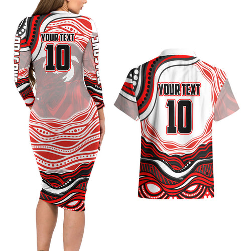 Personalized St George Illawarra Dragons Couples Matching Long Sleeve Bodycon Dress and Hawaiian Shirt Aboriginal Dot Art - Dreamtime Rugby Mascot