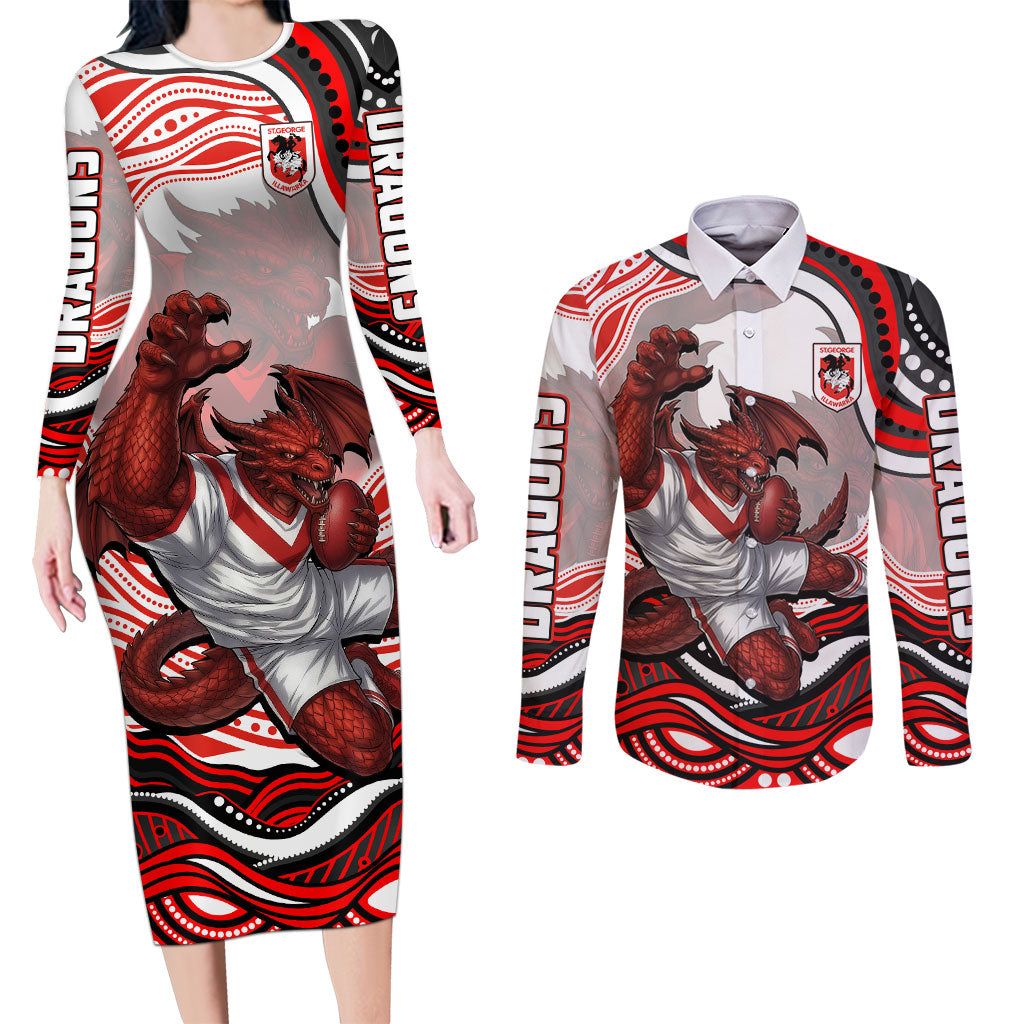 Personalized St George Illawarra Dragons Couples Matching Long Sleeve Bodycon Dress and Long Sleeve Button Shirt Aboriginal Dot Art - Dreamtime Rugby Mascot