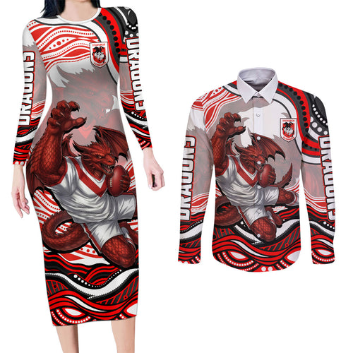 Personalized St George Illawarra Dragons Couples Matching Long Sleeve Bodycon Dress and Long Sleeve Button Shirt Aboriginal Dot Art - Dreamtime Rugby Mascot