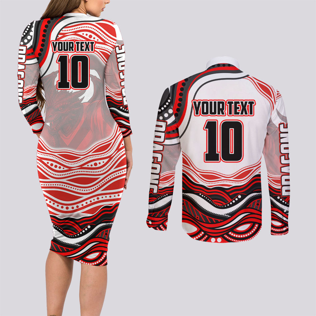 Personalized St George Illawarra Dragons Couples Matching Long Sleeve Bodycon Dress and Long Sleeve Button Shirt Aboriginal Dot Art - Dreamtime Rugby Mascot