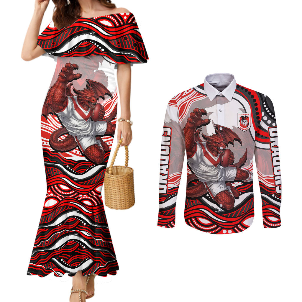 Personalized St George Illawarra Dragons Couples Matching Mermaid Dress and Long Sleeve Button Shirt Aboriginal Dot Art - Dreamtime Rugby Mascot
