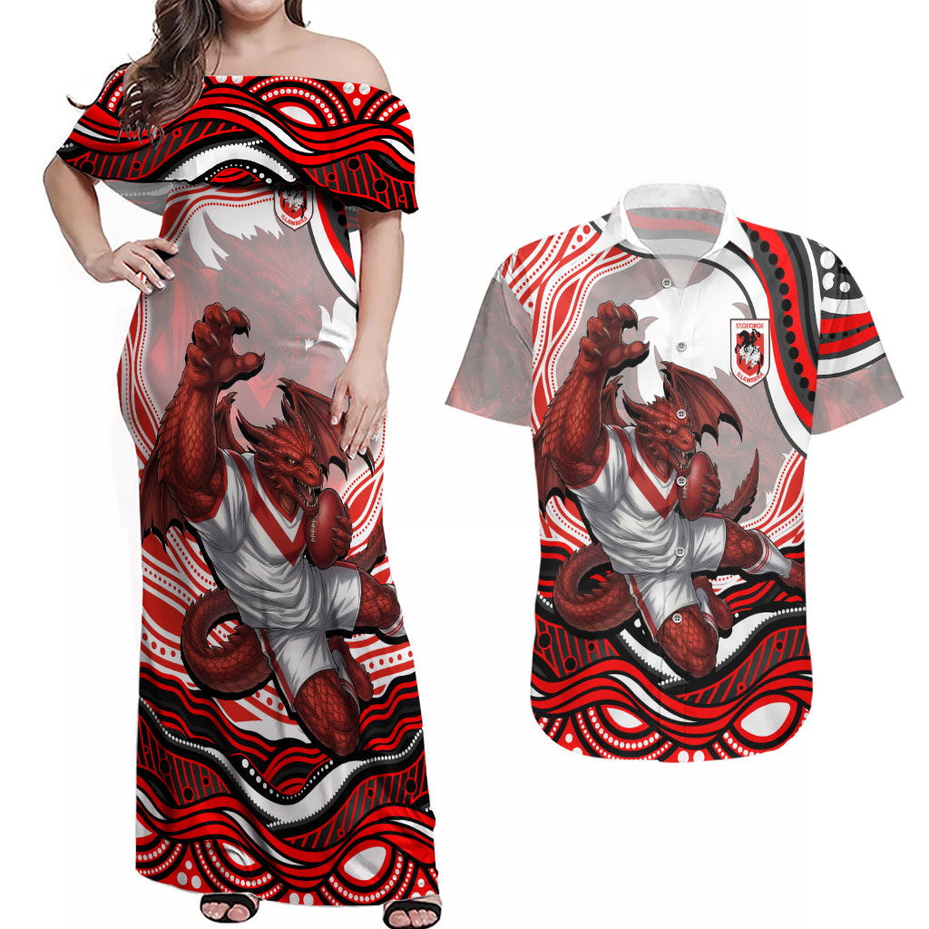 Personalized St George Illawarra Dragons Couples Matching Off Shoulder Maxi Dress and Hawaiian Shirt Aboriginal Dot Art - Dreamtime Rugby Mascot