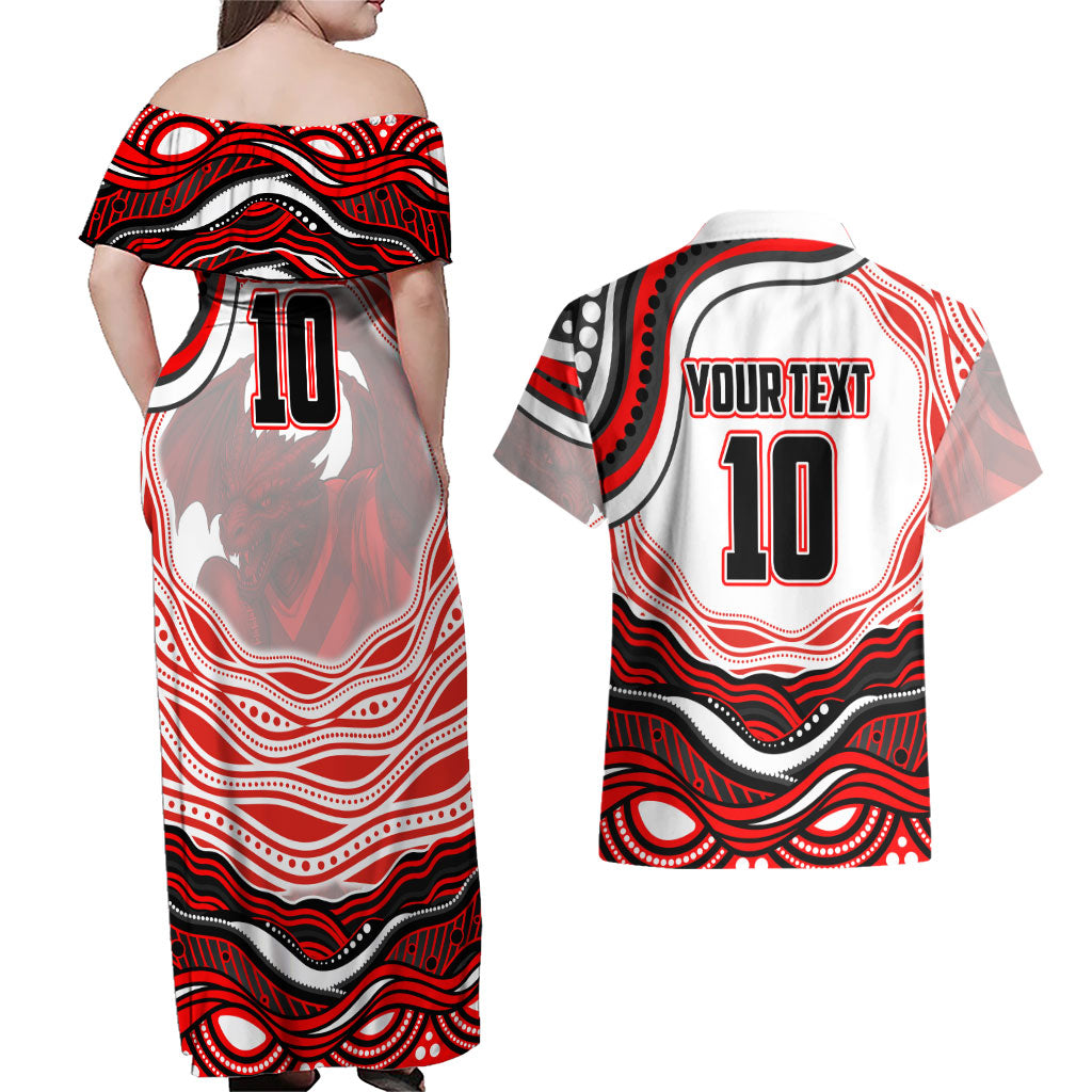 Personalized St George Illawarra Dragons Couples Matching Off Shoulder Maxi Dress and Hawaiian Shirt Aboriginal Dot Art - Dreamtime Rugby Mascot