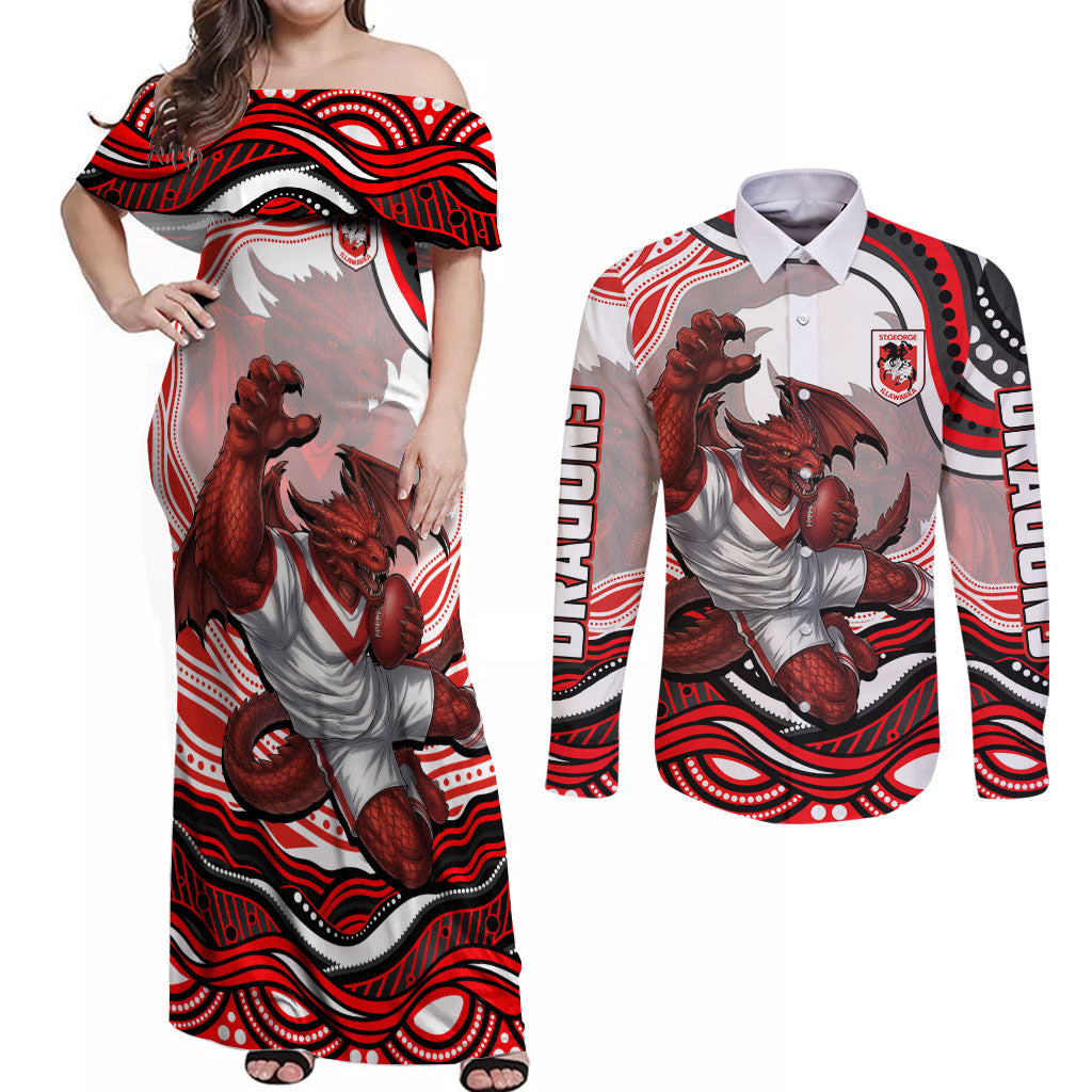Personalized St George Illawarra Dragons Couples Matching Off Shoulder Maxi Dress and Long Sleeve Button Shirt Aboriginal Dot Art - Dreamtime Rugby Mascot