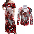 Personalized St George Illawarra Dragons Couples Matching Off Shoulder Maxi Dress and Long Sleeve Button Shirt Aboriginal Dot Art - Dreamtime Rugby Mascot