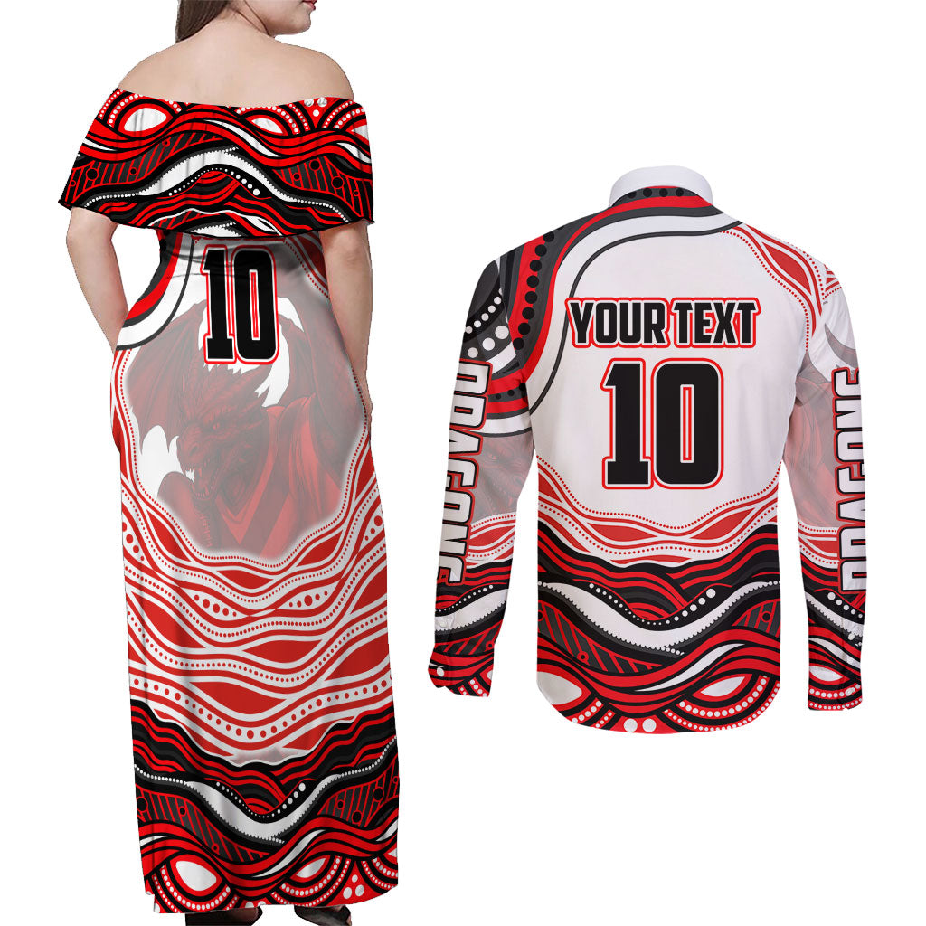 Personalized St George Illawarra Dragons Couples Matching Off Shoulder Maxi Dress and Long Sleeve Button Shirt Aboriginal Dot Art - Dreamtime Rugby Mascot