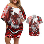 Personalized St George Illawarra Dragons Couples Matching Off Shoulder Short Dress and Hawaiian Shirt Aboriginal Dot Art - Dreamtime Rugby Mascot