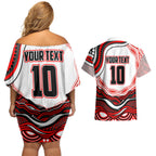 Personalized St George Illawarra Dragons Couples Matching Off Shoulder Short Dress and Hawaiian Shirt Aboriginal Dot Art - Dreamtime Rugby Mascot
