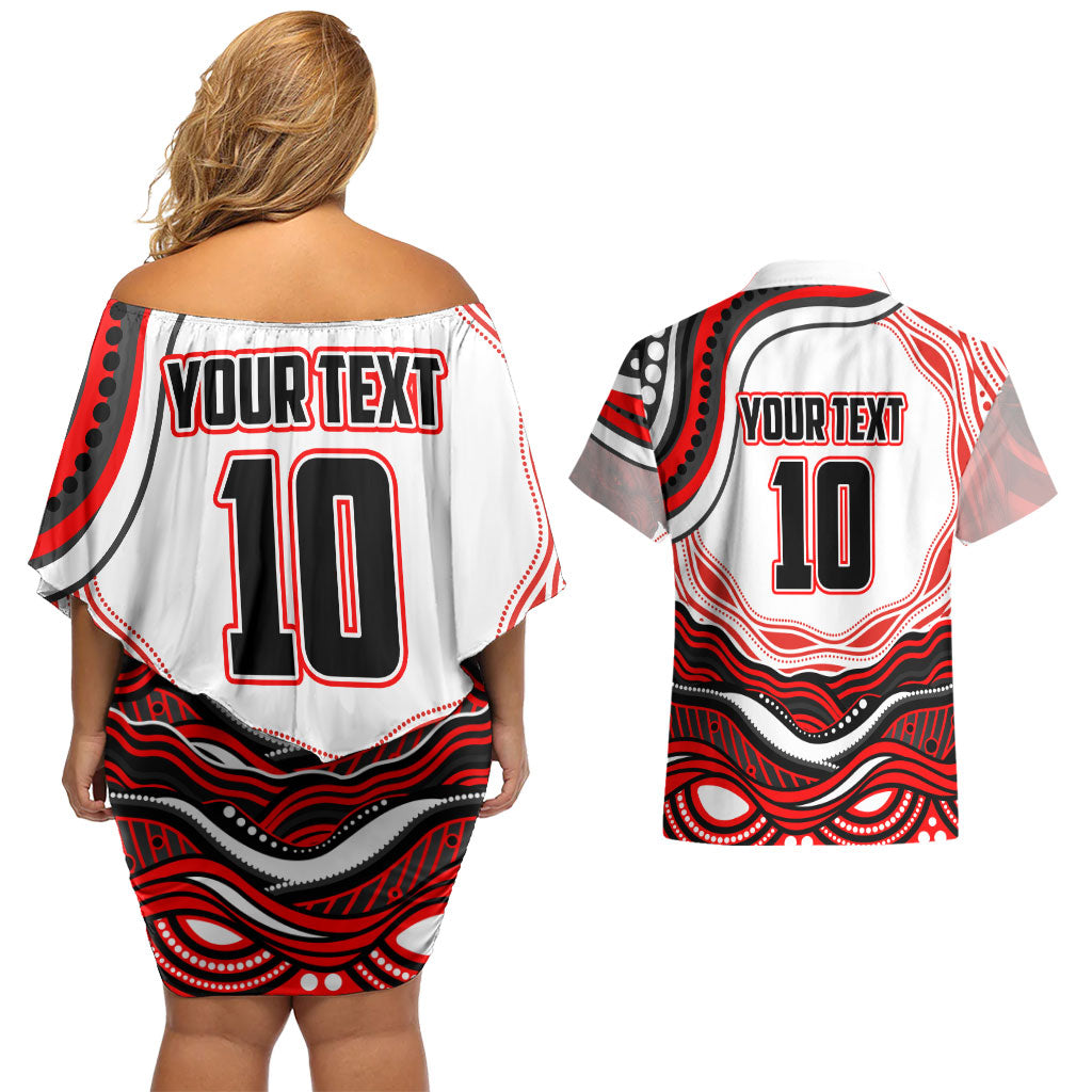 Personalized St George Illawarra Dragons Couples Matching Off Shoulder Short Dress and Hawaiian Shirt Aboriginal Dot Art - Dreamtime Rugby Mascot