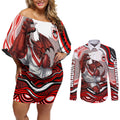 Personalized St George Illawarra Dragons Couples Matching Off Shoulder Short Dress and Long Sleeve Button Shirt Aboriginal Dot Art - Dreamtime Rugby Mascot
