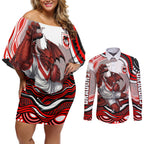 Personalized St George Illawarra Dragons Couples Matching Off Shoulder Short Dress and Long Sleeve Button Shirt Aboriginal Dot Art - Dreamtime Rugby Mascot