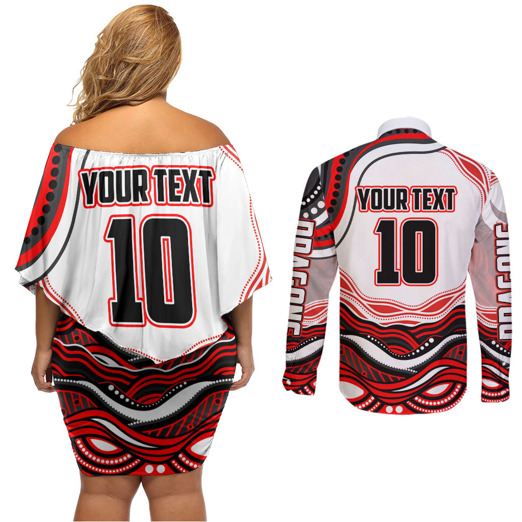 Personalized St George Illawarra Dragons Couples Matching Off Shoulder Short Dress and Long Sleeve Button Shirt Aboriginal Dot Art - Dreamtime Rugby Mascot
