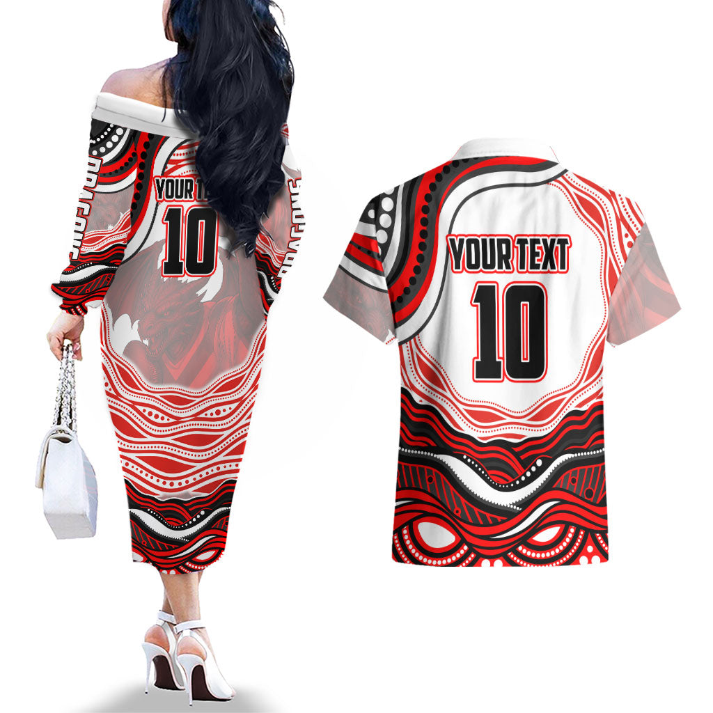 Personalized St George Illawarra Dragons Couples Matching Off The Shoulder Long Sleeve Dress and Hawaiian Shirt Aboriginal Dot Art - Dreamtime Rugby Mascot