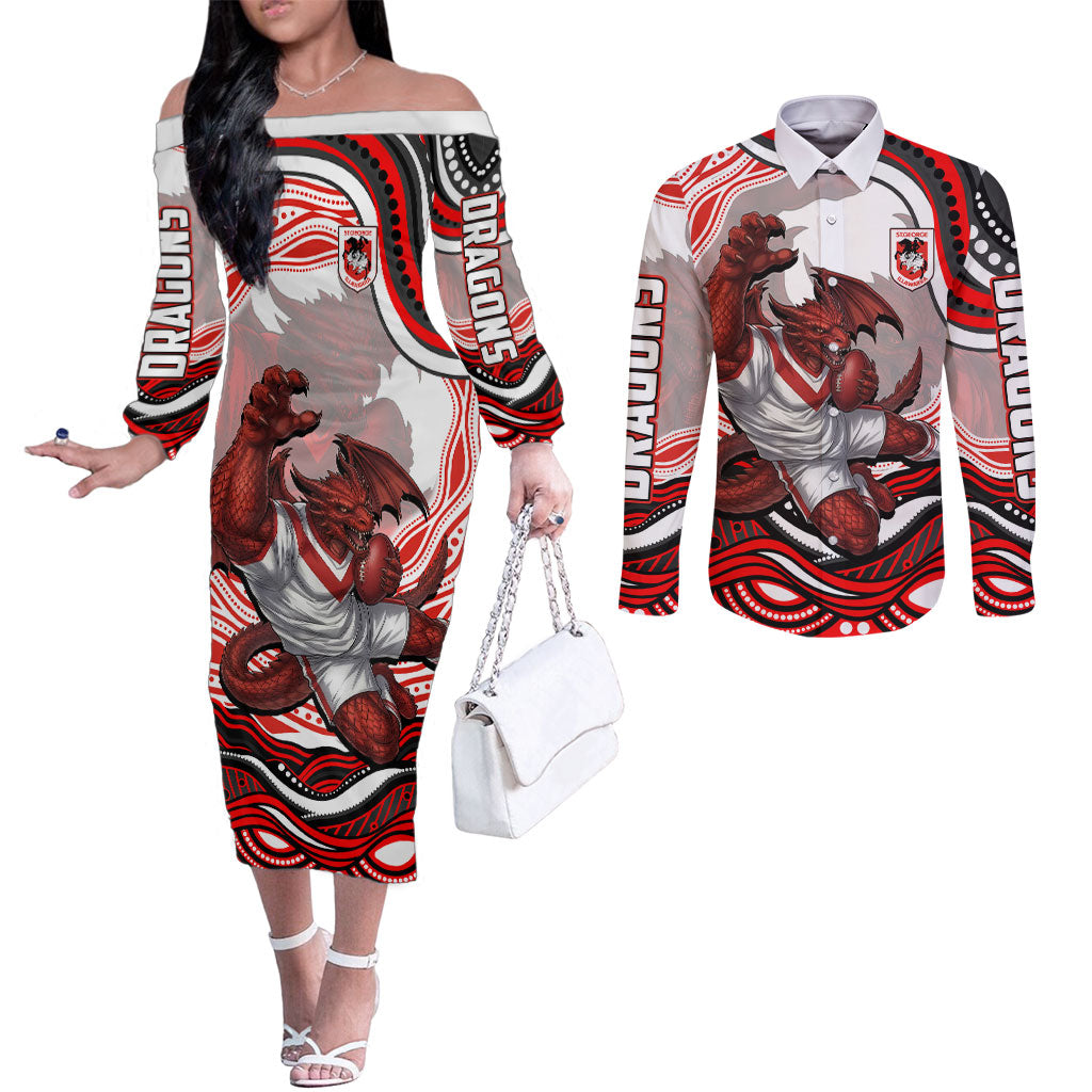 Personalized St George Illawarra Dragons Couples Matching Off The Shoulder Long Sleeve Dress and Long Sleeve Button Shirt Aboriginal Dot Art - Dreamtime Rugby Mascot