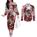 Personalized St George Illawarra Dragons Couples Matching Off The Shoulder Long Sleeve Dress and Long Sleeve Button Shirt Aboriginal Dot Art - Dreamtime Rugby Mascot