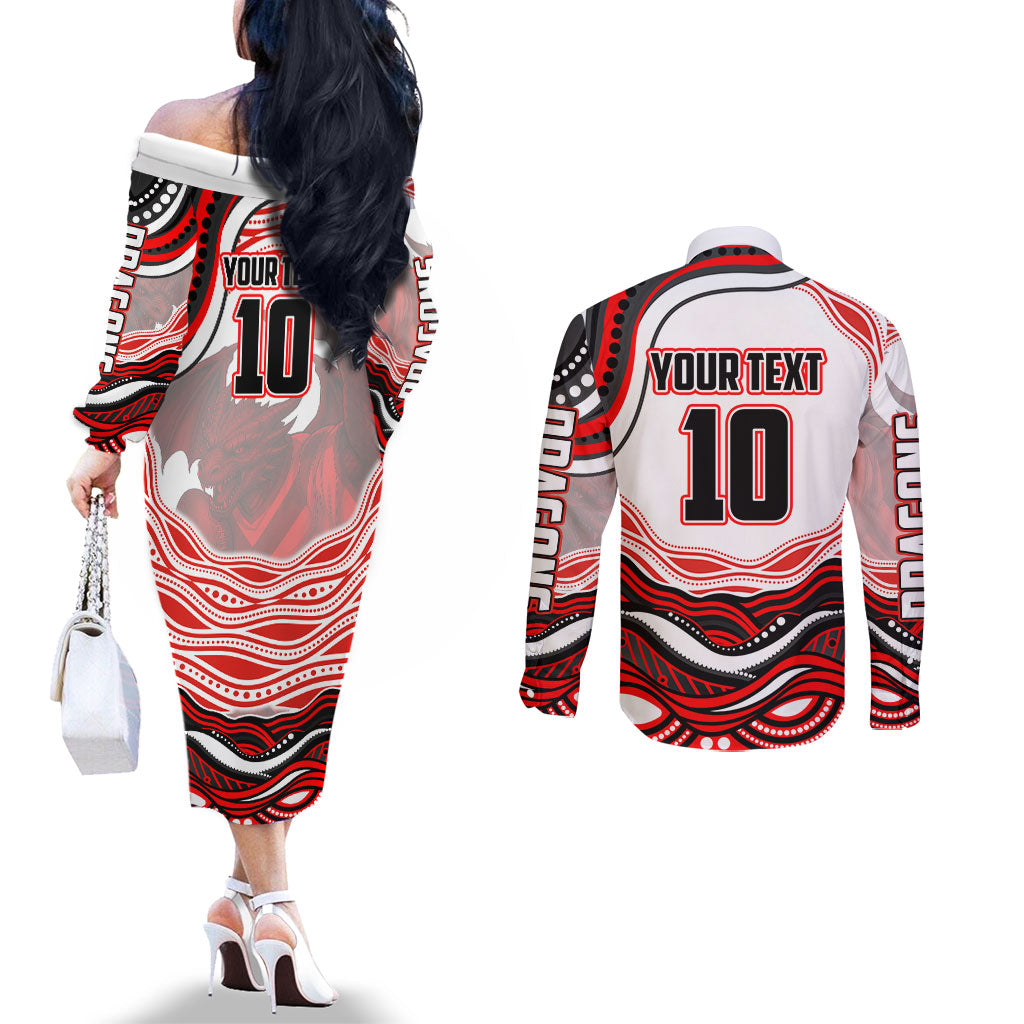Personalized St George Illawarra Dragons Couples Matching Off The Shoulder Long Sleeve Dress and Long Sleeve Button Shirt Aboriginal Dot Art - Dreamtime Rugby Mascot