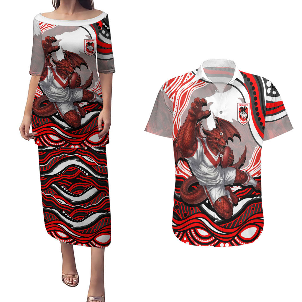 Personalized St George Illawarra Dragons Couples Matching Puletasi and Hawaiian Shirt Aboriginal Dot Art - Dreamtime Rugby Mascot