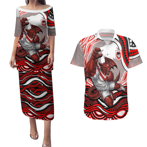 Personalized St George Illawarra Dragons Couples Matching Puletasi and Hawaiian Shirt Aboriginal Dot Art - Dreamtime Rugby Mascot