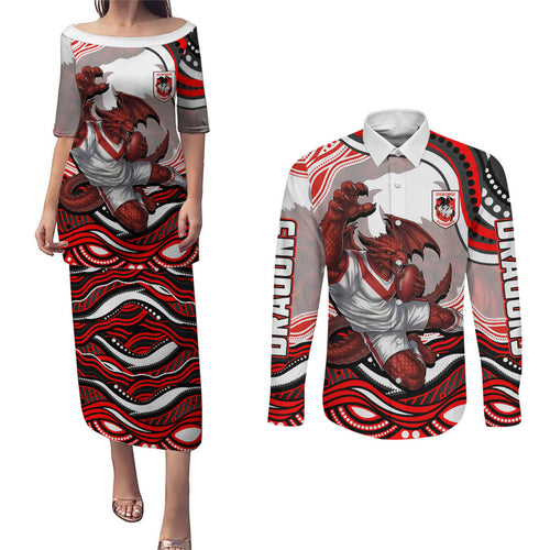 Personalized St George Illawarra Dragons Couples Matching Puletasi and Long Sleeve Button Shirt Aboriginal Dot Art - Dreamtime Rugby Mascot