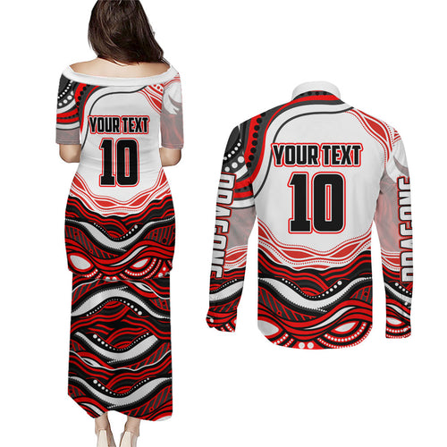 Personalized St George Illawarra Dragons Couples Matching Puletasi and Long Sleeve Button Shirt Aboriginal Dot Art - Dreamtime Rugby Mascot