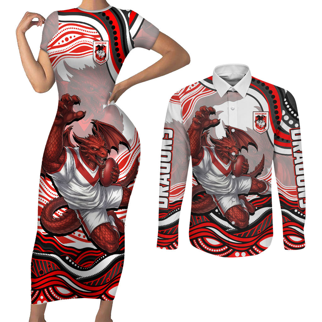 Personalized St George Illawarra Dragons Couples Matching Short Sleeve Bodycon Dress and Long Sleeve Button Shirt Aboriginal Dot Art - Dreamtime Rugby Mascot