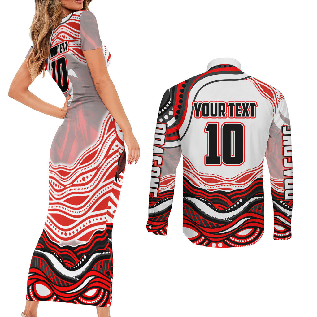 Personalized St George Illawarra Dragons Couples Matching Short Sleeve Bodycon Dress and Long Sleeve Button Shirt Aboriginal Dot Art - Dreamtime Rugby Mascot