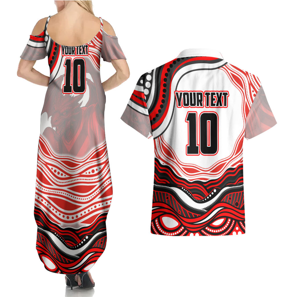 Personalized St George Illawarra Dragons Couples Matching Summer Maxi Dress and Hawaiian Shirt Aboriginal Dot Art - Dreamtime Rugby Mascot