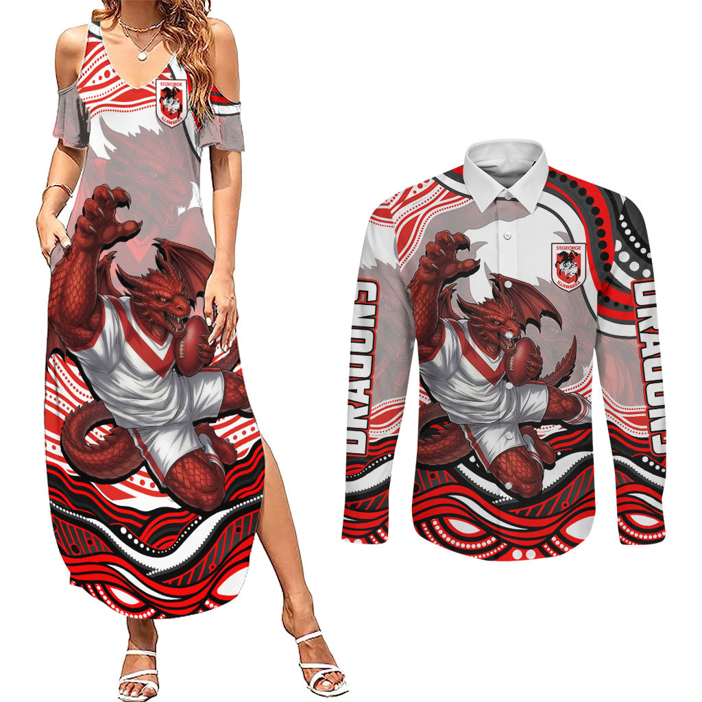 Personalized St George Illawarra Dragons Couples Matching Summer Maxi Dress and Long Sleeve Button Shirt Aboriginal Dot Art - Dreamtime Rugby Mascot