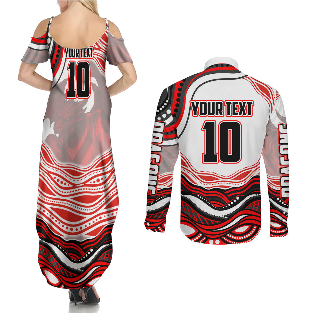 Personalized St George Illawarra Dragons Couples Matching Summer Maxi Dress and Long Sleeve Button Shirt Aboriginal Dot Art - Dreamtime Rugby Mascot