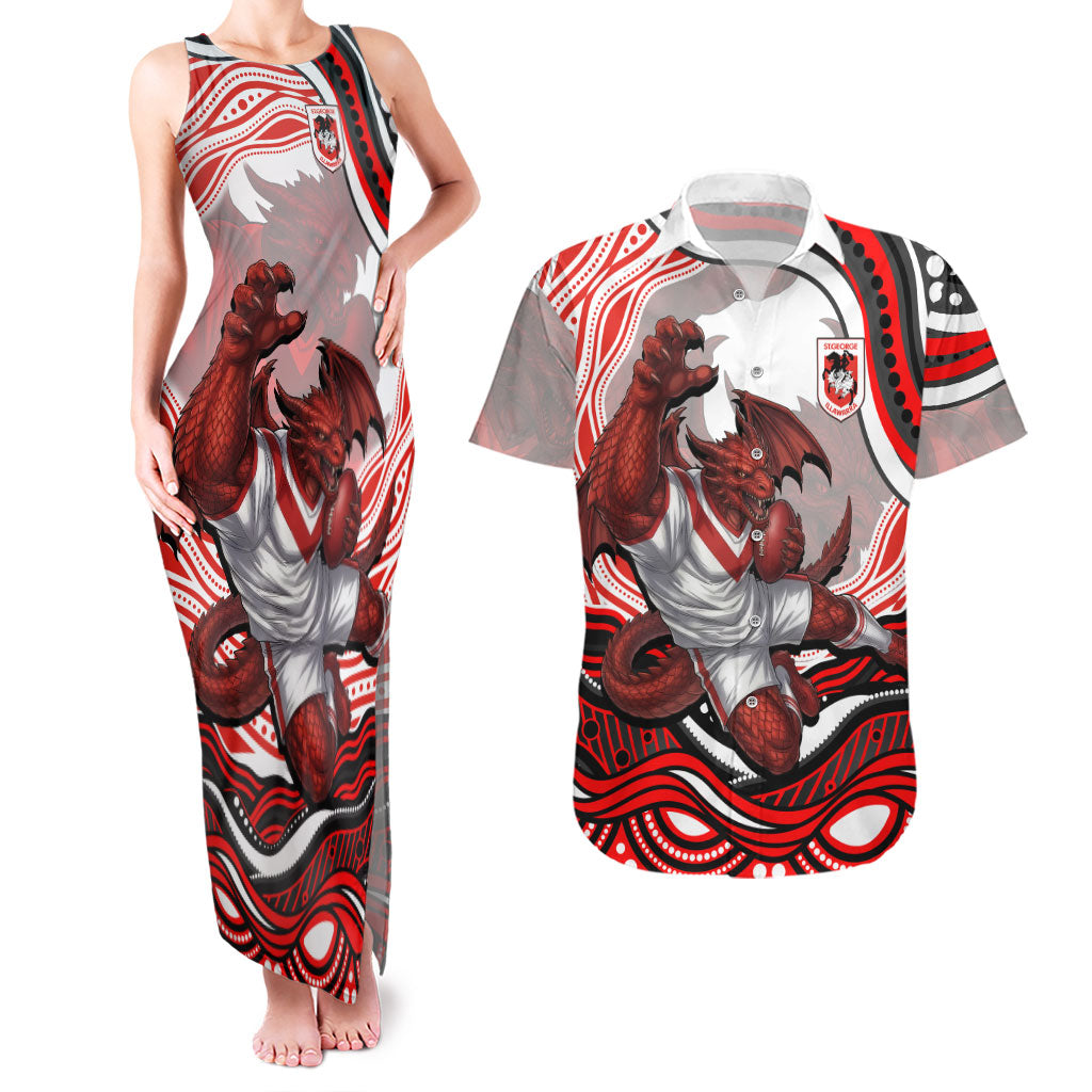 Personalized St George Illawarra Dragons Couples Matching Tank Maxi Dress and Hawaiian Shirt Aboriginal Dot Art - Dreamtime Rugby Mascot