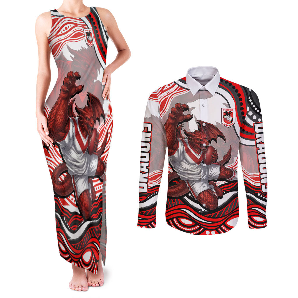 Personalized St George Illawarra Dragons Couples Matching Tank Maxi Dress and Long Sleeve Button Shirt Aboriginal Dot Art - Dreamtime Rugby Mascot