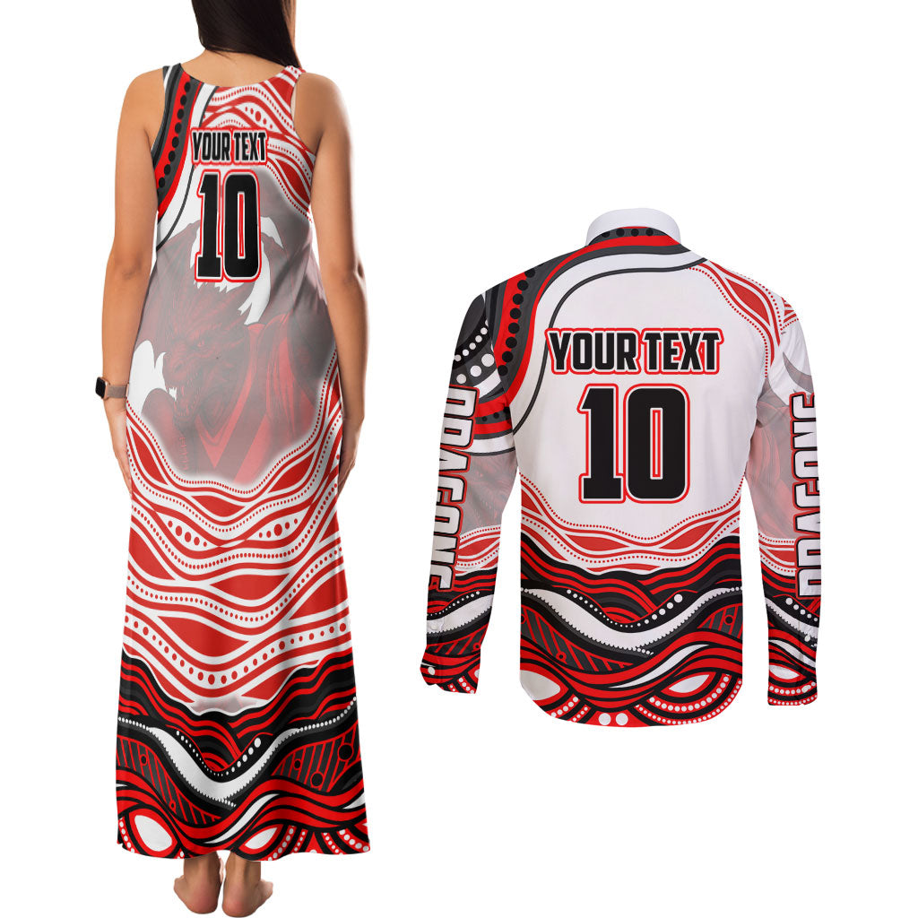 Personalized St George Illawarra Dragons Couples Matching Tank Maxi Dress and Long Sleeve Button Shirt Aboriginal Dot Art - Dreamtime Rugby Mascot