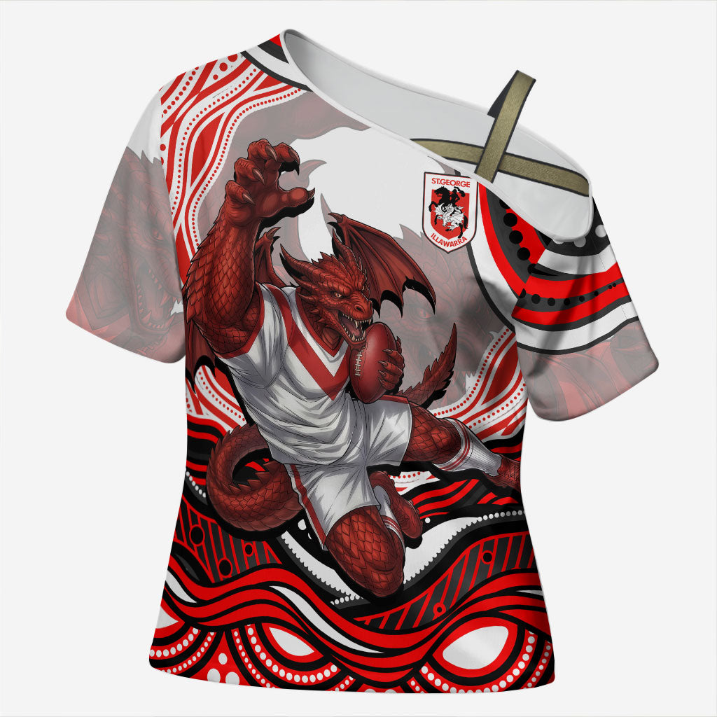 Personalized St George Illawarra Dragons Cross Shoulder Shirt Aboriginal Dot Art - Dreamtime Rugby Mascot
