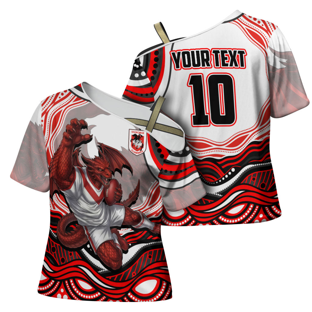 Personalized St George Illawarra Dragons Cross Shoulder Shirt Aboriginal Dot Art - Dreamtime Rugby Mascot