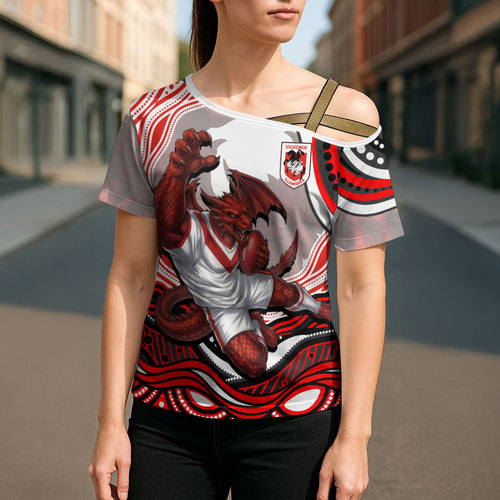 Personalized St George Illawarra Dragons Cross Shoulder Shirt Aboriginal Dot Art - Dreamtime Rugby Mascot