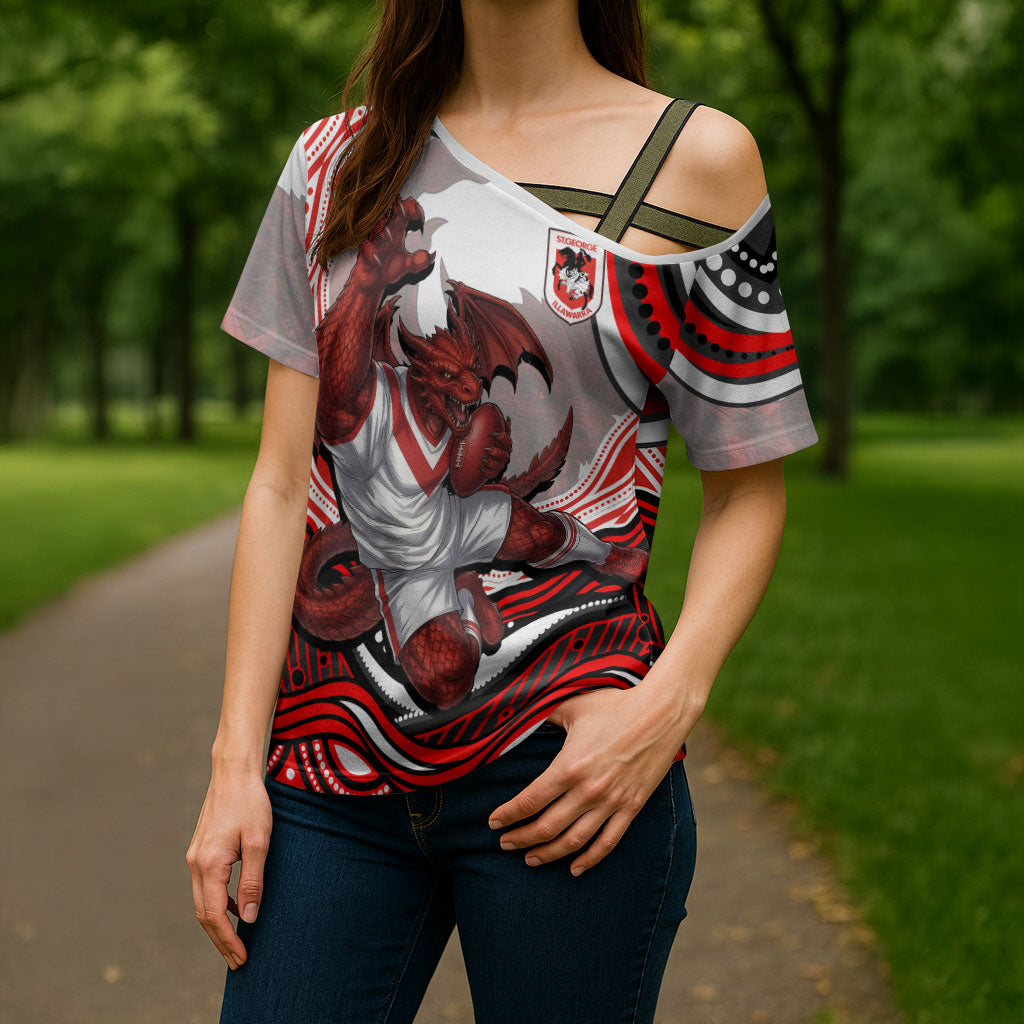 Personalized St George Illawarra Dragons Cross Shoulder Shirt Aboriginal Dot Art - Dreamtime Rugby Mascot